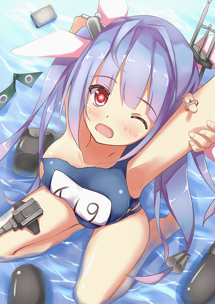 Anime picture 707x1000 with kantai collection i-19 submarine suzuame yatsumi single long hair tall image looking at viewer blush breasts open mouth light erotic red eyes large breasts twintails purple hair one eye closed from above armpit (armpits) kneeling partially submerged