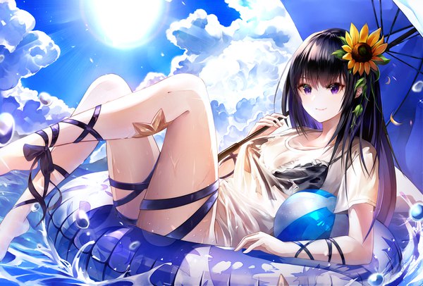 Anime picture 1887x1280 with original limit x single long hair blush fringe highres breasts light erotic black hair smile hair between eyes purple eyes holding looking away sky cloud (clouds) bent knee (knees) outdoors barefoot