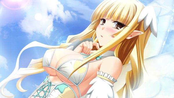 Anime picture 1024x576 with kamidori alchemy meister seravalwie endorse long hair breasts light erotic blonde hair wide image brown eyes game cg pointy ears alternate costume alternate hairstyle girl bikini top