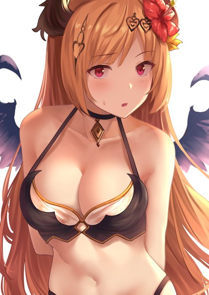 Anime picture 708x1000 with shingeki no bahamut dark angel olivia suzuame yatsumi single long hair tall image looking at viewer blush fringe breasts open mouth light erotic simple background red eyes standing white background bare shoulders cleavage upper body hair flower