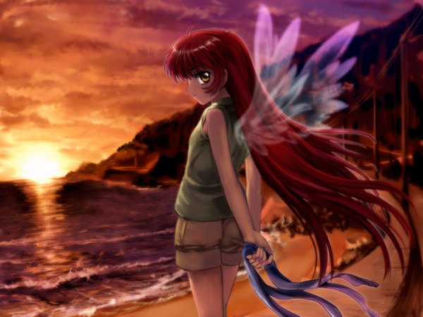 Anime picture 1600x1200 with air key (studio) michiru mutsuki (moonknives) beach evening sunset wings