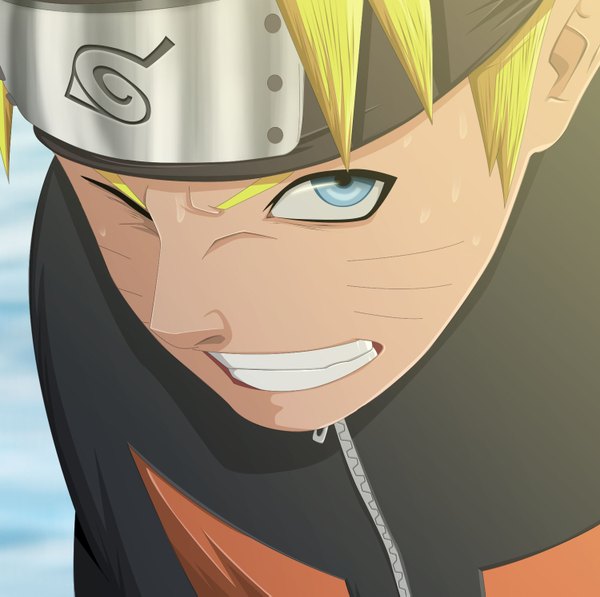 Anime picture 1500x1493 with naruto studio pierrot naruto (series) uzumaki naruto miguelnamikaze005 single short hair blue eyes blonde hair smile one eye closed wink sweat grin coloring facial mark close-up face whisker markings jinchuriki