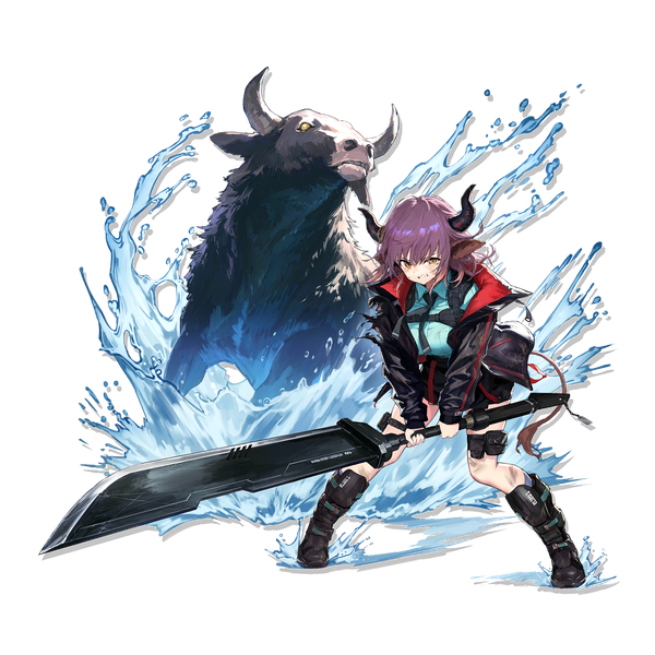 Anime picture 2048x2048 with arknights sideroca (arknights) sho (sho lwlw) single fringe highres short hair hair between eyes animal ears yellow eyes purple hair full body tail animal tail horn (horns) open jacket official art transparent background clenched teeth cow ears