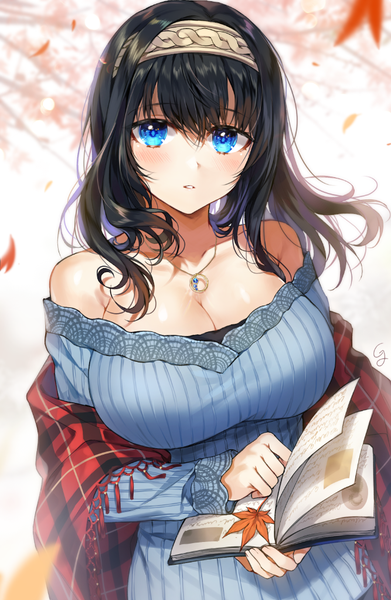 Anime picture 667x1023 with idolmaster idolmaster cinderella girls sagisawa fumika gijang single long hair tall image looking at viewer blush fringe breasts blue eyes black hair hair between eyes large breasts bare shoulders holding signed cleavage upper body