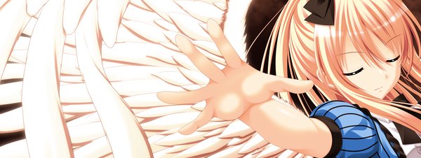 Anime picture 3815x1440 with gensou no idea kujou mitsuki single long hair highres blonde hair wide image game cg eyes closed girl dress bow hair bow wings