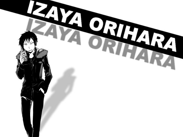 Anime picture 1024x768 with durarara!! brains base (studio) orihara izaya single short hair simple background standing white background holding looking away shadow character names monochrome hand in pocket boy phone