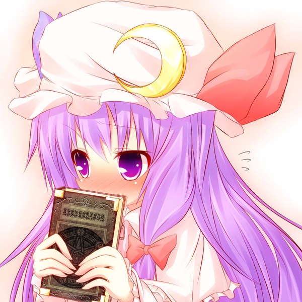 Anime picture 1500x1500 with touhou patchouli knowledge wakagi repa single long hair blush purple eyes purple hair embarrassed covered mouth flying sweatdrops girl bow hair bow book (books) bonnet