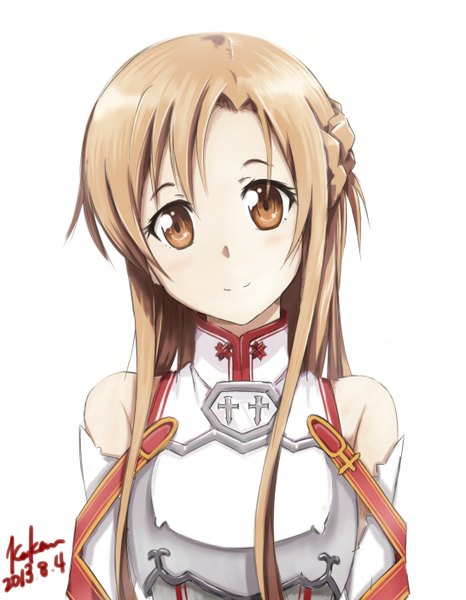 Anime picture 1091x1402 with sword art online a-1 pictures yuuki asuna kem kem single long hair tall image looking at viewer blush simple background brown hair white background bare shoulders brown eyes signed upper body light smile girl