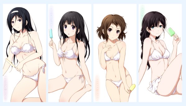 Anime picture 1400x800 with hyouka kyoto animation chitanda eru ibara mayaka irisu fuyumi juumonji kaho shian (my lonly life.) long hair looking at viewer blush short hair open mouth blue eyes light erotic black hair brown hair wide image purple eyes bare shoulders multiple girls