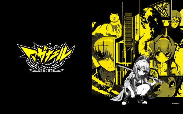 Anime picture 1920x1200 with axanael (game) long hair blush highres wide image sitting multiple girls ponytail inscription hieroglyph monochrome squat girl boy animal cloak 4 girls sneakers dog
