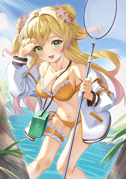 Anime picture 2894x4093 with virtual youtuber hololive momosuzu nene rykysd single long hair tall image looking at viewer blush fringe highres breasts open mouth light erotic blonde hair smile hair between eyes large breasts green eyes sky