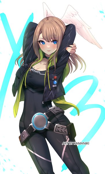 Anime picture 1400x2314 with xenoblade xenoblade 3 eunie (xenoblade) kamaniki single long hair tall image fringe blue eyes smile hair between eyes brown hair standing white background signed looking away open jacket arms behind head head wings girl