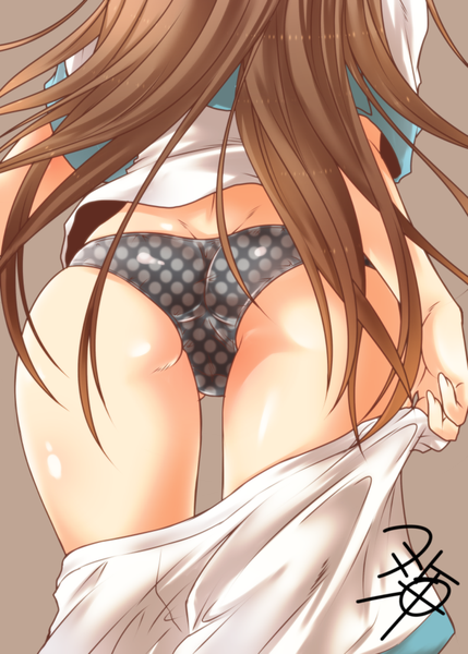 Anime picture 715x1000 with kantai collection kuma light cruiser yua (checkmate) single long hair tall image light erotic simple background brown hair standing ass fingernails from behind shiny skin undressing long fingernails head out of frame butt crack trefoil girl