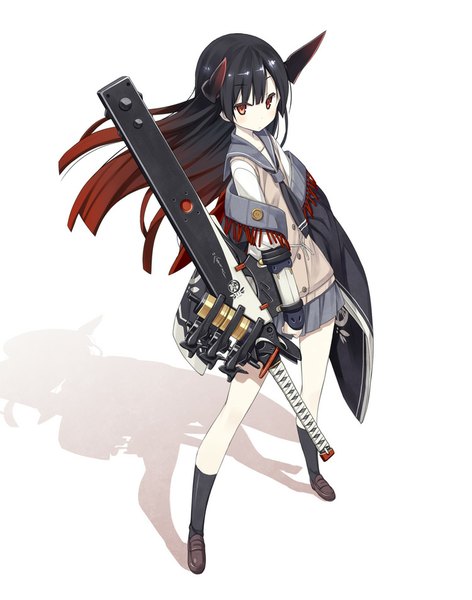 Anime picture 750x953 with original poco (asahi age) single long hair tall image looking at viewer blush black hair simple background white background brown eyes pleated skirt multicolored hair horn (horns) shadow gradient hair girl skirt uniform weapon