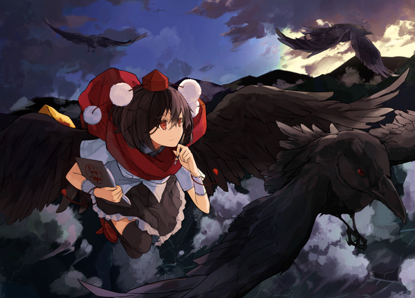 Anime picture 1192x860 with touhou shameimaru aya miruto netsuki single short hair black hair looking away sky cloud (clouds) flying black wings girl thighhighs skirt black thighhighs animal shirt wings scarf sea