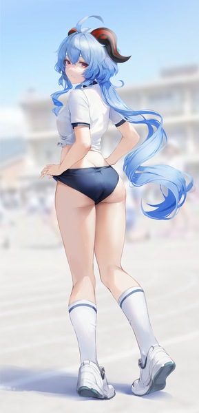 Anime picture 1500x3119 with genshin impact ganyu (genshin impact) leviathan (hikinito0902) single long hair tall image looking at viewer fringe light erotic hair between eyes red eyes standing payot blue hair sky full body ahoge outdoors ass parted lips