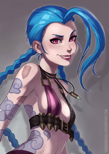 Anime picture 800x1131 with league of legends jinx (league of legends) dandon fuga single long hair tall image looking at viewer breasts light erotic simple background smile blue hair pink eyes lips realistic tattoo girl cartridge