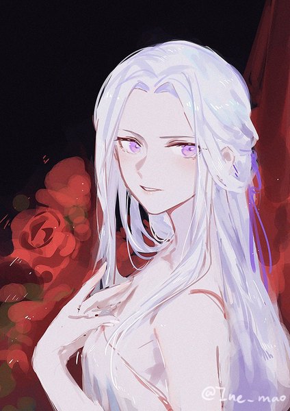 Anime picture 707x1000 with fire emblem fire emblem: three houses nintendo edelgard von hresvelg mo (ine mao) single long hair tall image looking at viewer purple eyes upper body white hair parted lips turning head girl flower (flowers) ribbon (ribbons) hair ribbon