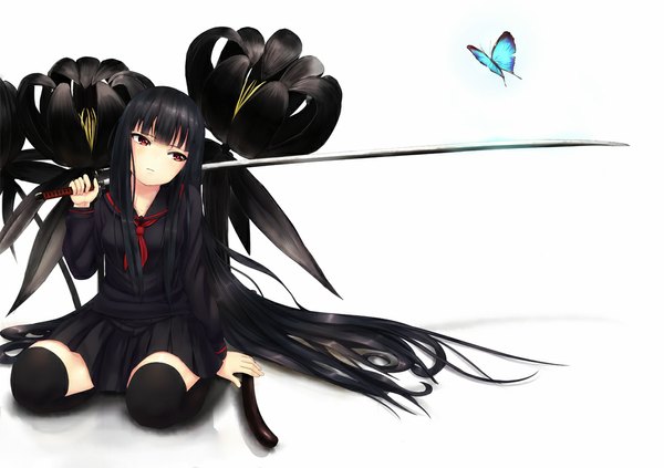 Anime picture 1076x760 with original noririn single long hair black hair simple background red eyes white background weapon over shoulder girl thighhighs skirt uniform flower (flowers) weapon black thighhighs sword serafuku katana insect
