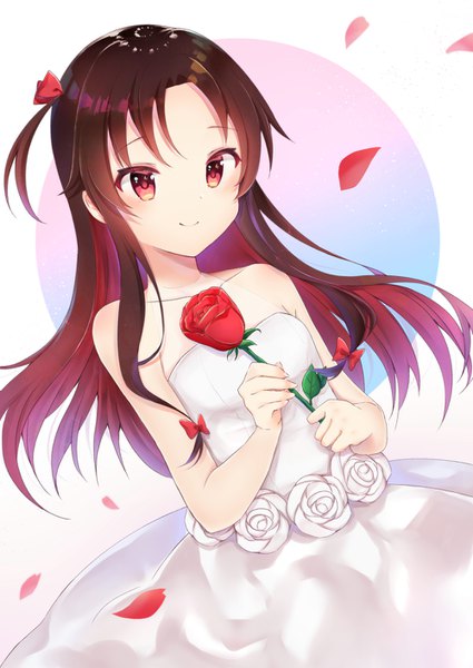 Anime picture 1000x1412 with ryuuou no oshigoto! yashajin ai gyozanuko single long hair tall image blush red eyes brown hair bare shoulders red hair multicolored hair light smile two-tone hair one side up colored inner hair girl dress flower (flowers) petals