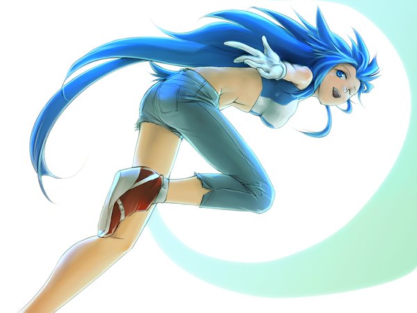 Anime picture 1120x840 with sonic (series) vampire / darkstalkers (game) capcom felicia sonic the hedgehog tagme (artist) single long hair open mouth blue eyes animal ears blue hair very long hair one eye closed looking back wink cosplay sonic the hedgehog (cosplay) girl gloves