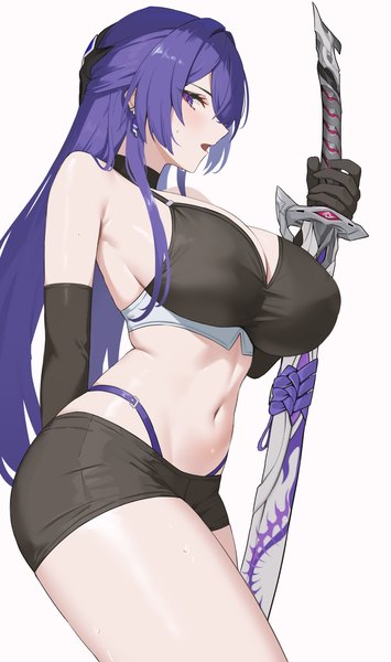 Anime picture 1967x3322 with honkai: star rail honkai (series) acheron (honkai: star rail) nvl single long hair tall image blush fringe highres breasts open mouth light erotic simple background hair between eyes large breasts standing white background purple eyes bare shoulders