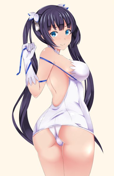 Anime picture 781x1200 with dungeon ni deai wo motomeru no wa machigatteiru darou ka j.c. staff hestia (danmachi) nora (gurimu000) single long hair tall image breasts blue eyes light erotic black hair simple background smile white background twintails ass looking back back rei no himo girl