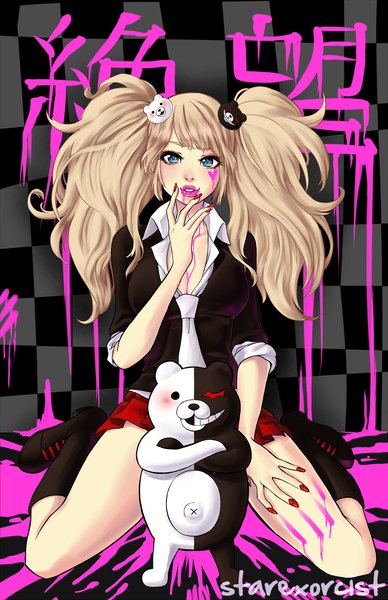 Anime picture 825x1275 with dangan ronpa enoshima junko monokuma starexorcist single long hair tall image looking at viewer blush highres breasts blue eyes blonde hair sitting twintails full body nail polish pleated skirt fingernails lips