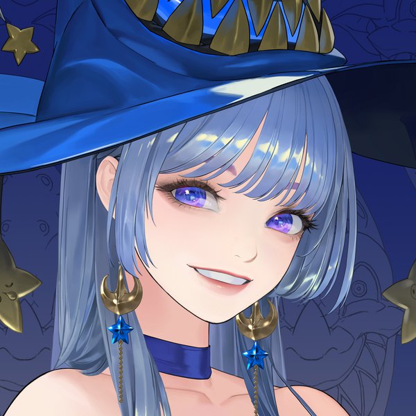 Anime picture 4000x4000 with original ake (cherrylich) single looking at viewer fringe highres blue eyes smile bare shoulders blue hair absurdres parted lips lipstick grin portrait eyeshadow girl hat earrings choker