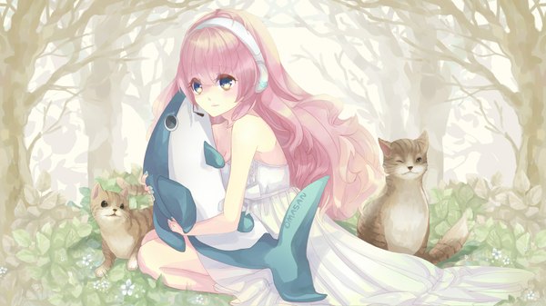 Anime picture 1920x1080 with vocaloid megurine luka curcurermin single long hair blush highres blue eyes wide image sitting bare shoulders pink hair one eye closed light smile wink girl dress plant (plants) animal tree (trees)