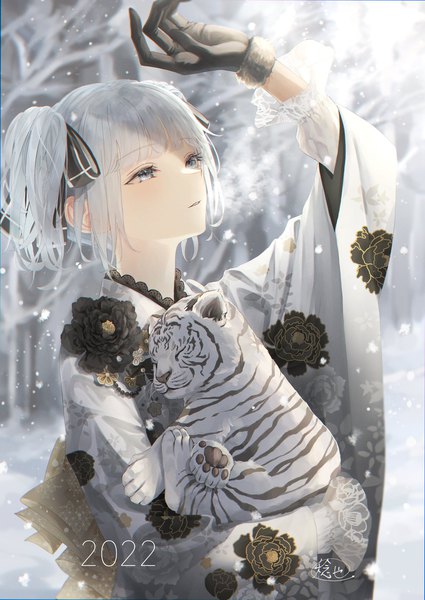 Anime picture 1451x2048 with original nyaon oekaki single tall image fringe short hair standing twintails holding payot silver hair upper body outdoors blunt bangs traditional clothes parted lips japanese clothes arm up sunlight wide sleeves