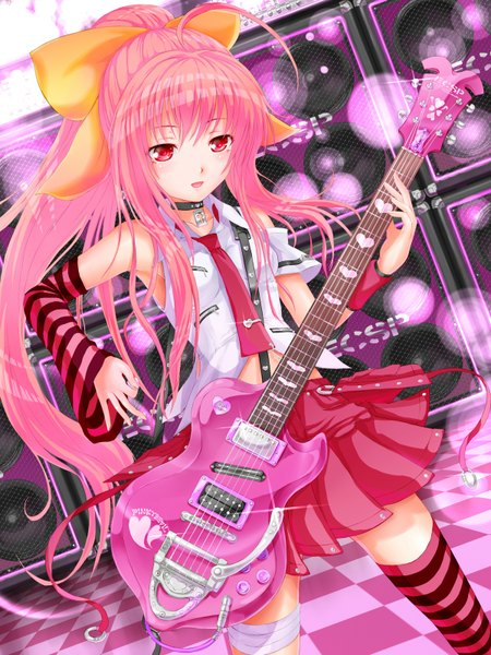 Anime picture 1200x1600 with original cabbaco long hair tall image red eyes pink hair ahoge ponytail striped girl thighhighs bow hair bow detached sleeves necktie collar striped thighhighs musical instrument guitar speakers