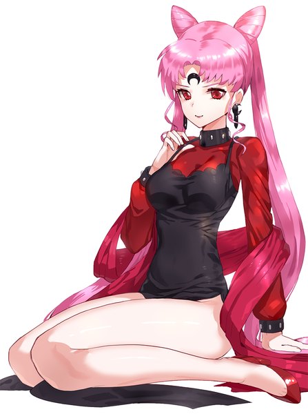 Anime picture 797x1070 with bishoujo senshi sailor moon toei animation chibiusa black lady kfr single tall image looking at viewer fringe breasts light erotic simple background smile red eyes white background sitting twintails bent knee (knees) very long hair bare legs