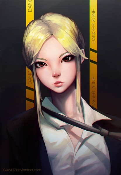Anime picture 691x1000 with guweiz single tall image looking at viewer short hair blonde hair red eyes lips lipstick pink lipstick girl shirt necktie white shirt clothes