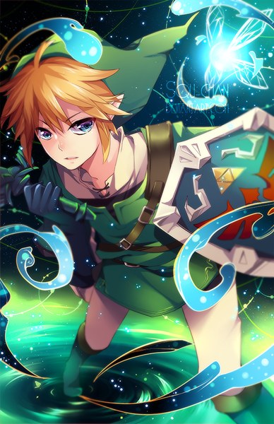 Anime picture 647x1000 with the legend of zelda link navi squchan tall image looking at viewer short hair open mouth blue eyes blonde hair standing pointy ears glowing symbol-shaped pupils flying fantasy fairy boy gloves weapon