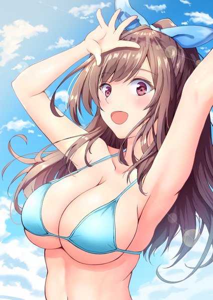 Anime picture 1075x1518 with original aiban single long hair tall image looking at viewer blush fringe breasts open mouth light erotic smile hair between eyes red eyes brown hair large breasts bare shoulders payot sky cloud (clouds)