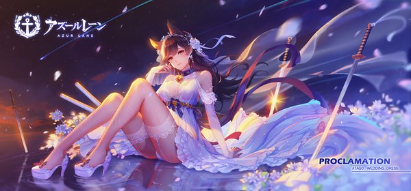 Anime picture 3205x1500 with azur lane atago (azur lane) d-zhai single long hair looking at viewer blush fringe highres breasts light erotic black hair wide image large breasts sitting bare shoulders animal ears yellow eyes cleavage full body