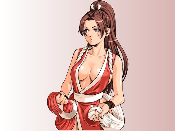 Anime picture 1600x1200 with the king of fighters fatal fury snk shiranui mai long hair highres breasts light erotic brown hair brown eyes cleavage ponytail no bra wallpaper wristlet ninja