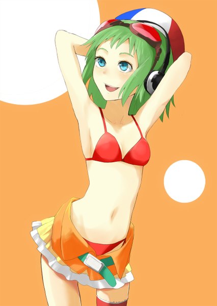 Anime picture 900x1267 with vocaloid gumi rane (etsu) single tall image short hair blue eyes simple background smile looking away green hair open clothes arms behind head goggles on head open skirt girl skirt swimsuit miniskirt bikini