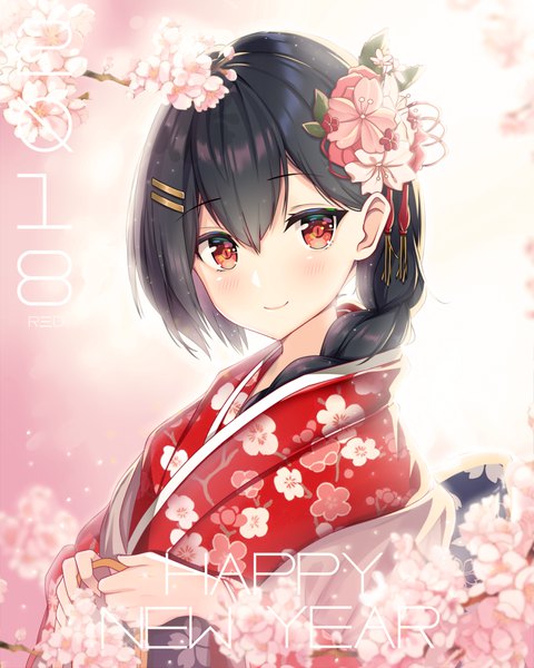 Anime picture 1280x1600 with original r3d single long hair tall image looking at viewer blush fringe black hair smile hair between eyes red eyes upper body traditional clothes japanese clothes cherry blossoms new year happy new year 2018 girl