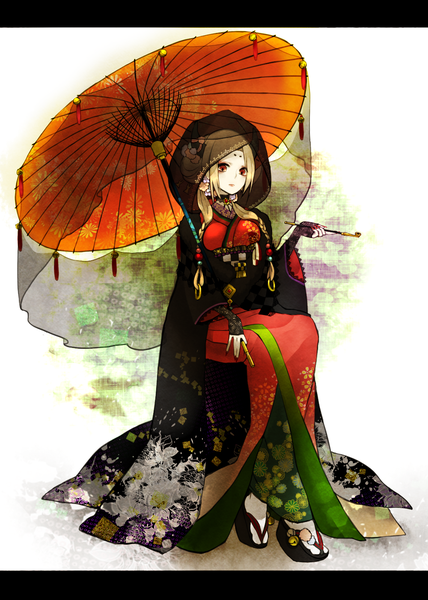Anime picture 1000x1400 with original nariri single long hair tall image blonde hair red eyes sitting nail polish traditional clothes japanese clothes fingernails looking down letterboxed smoke long fingernails girl socks kimono umbrella