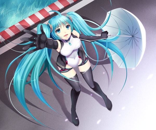 Anime picture 1500x1250 with vocaloid goodsmile racing hatsune miku racing miku racing miku (2011) eko single open mouth light erotic twintails ahoge very long hair aqua eyes aqua hair girl thighhighs gloves hair ornament black thighhighs elbow gloves