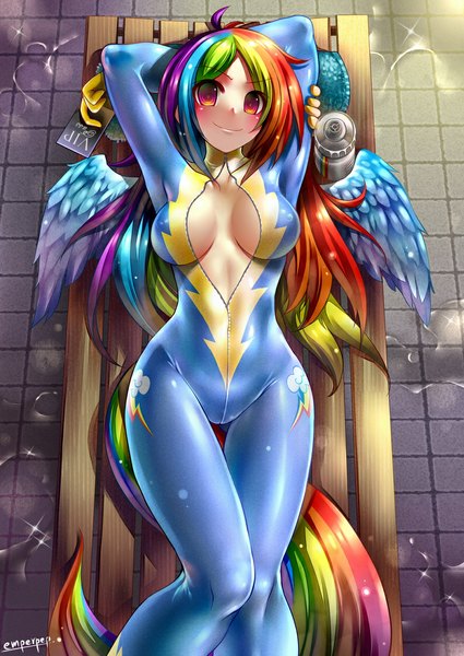 Anime picture 794x1122 with my little pony rainbow dash emperpep single long hair tall image light erotic cleavage tail lying animal tail multicolored hair from above orange eyes arms behind head angel wings personification girl wings pilot suit