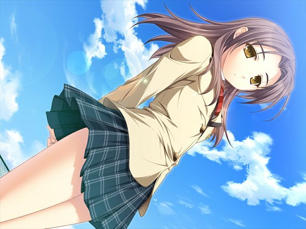 Anime picture 1024x768 with comu -kuroi ryuu to yasashii oukoku- soejima hisoka long hair brown hair yellow eyes game cg sky girl serafuku