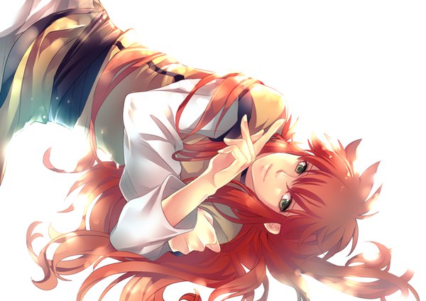 Anime picture 800x566 with yu yu hakusho kurama giobobobo single long hair looking at viewer simple background white background green eyes red hair lying traditional clothes light smile boy