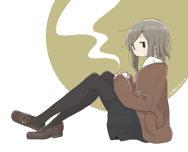 Anime picture 2454x1990 with original east sha2 single looking at viewer highres short hair simple background sitting full body long sleeves pleated skirt grey hair black eyes dated sleeves past wrists girl skirt pantyhose shoes black pantyhose