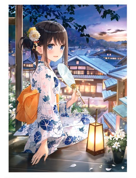 Anime picture 2919x3805 with original eshi 100-nin ten fuumi (radial engine) single tall image looking at viewer blush fringe highres short hair open mouth blue eyes black hair sitting payot sky cloud (clouds) outdoors traditional clothes :d