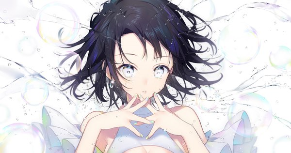 Anime picture 1664x878 with original sogawa single looking at viewer fringe short hair black hair simple background wide image white background bare shoulders upper body nail polish parted lips fingernails silver eyes multicolored nail polish girl earrings water