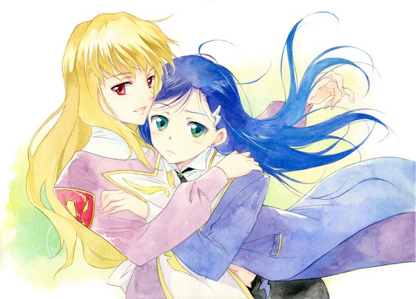 Anime picture 900x647 with mai-otome sunrise (studio) fujino shizuru natsuki kruger agahari long hair looking at viewer fringe simple background blonde hair red eyes white background multiple girls blue hair aqua eyes hug traditional media watercolor (medium) girl hair ornament