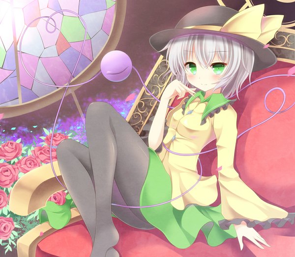 Anime picture 1153x1004 with touhou komeiji koishi aibumi single looking at viewer blush short hair smile sitting green eyes silver hair long sleeves wide sleeves no shoes heart of string girl skirt flower (flowers) ribbon (ribbons) hat